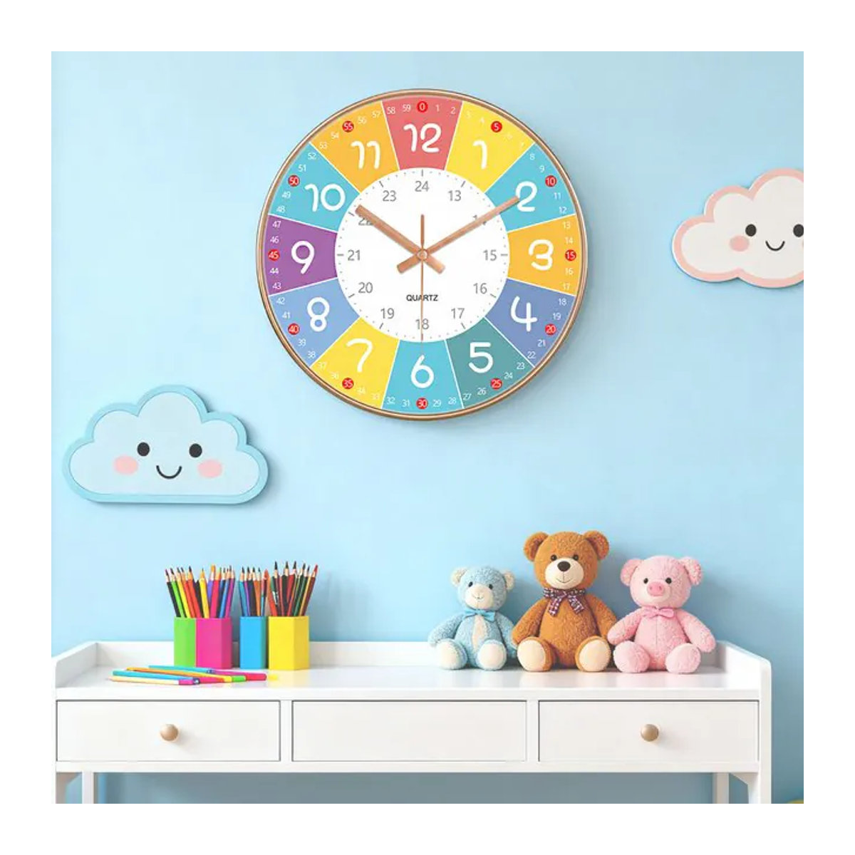 Mabpedo Analoge Wanduhr für Kinder und Lernbereiche, Geräuschlos, Rund, Schwarz und Mehrfarbig - Bild 1