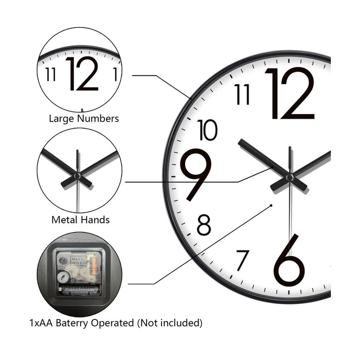 Mabpedo Wanduhr Analog Quarz Rund mit Glas und großen Zahlen, Geräuschlos, Modern, Schwarz oder Weiß - Bild 3