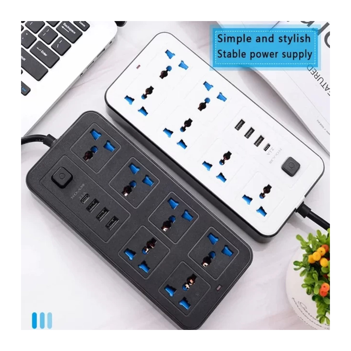 Maerknon Power Multi Tap Universal Steckdosenleiste mit USB-Port und 1,8 m Verlängerungskabel in Weiß oder Schwarz/Weiß - Bild 1