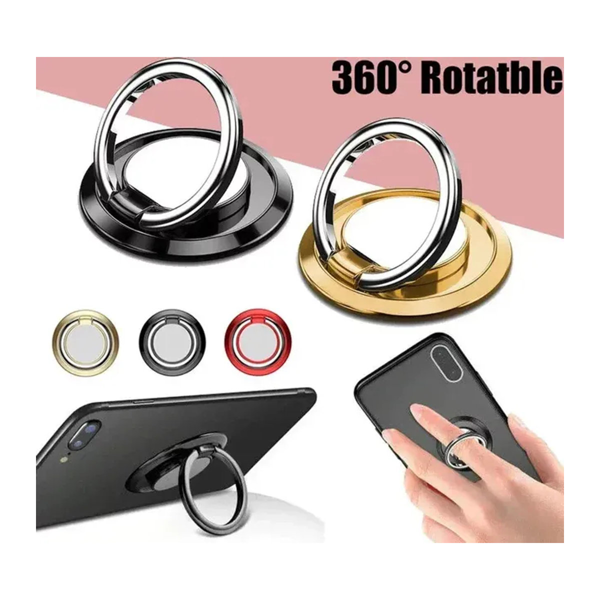 Maerknon Universeller magnetischer Fingerringhalter mit 360-Grad-Rotation und Saugnapfhalterung für dein Smartphone in Rosa und Bunt im minimalistischen Design - Bild 1