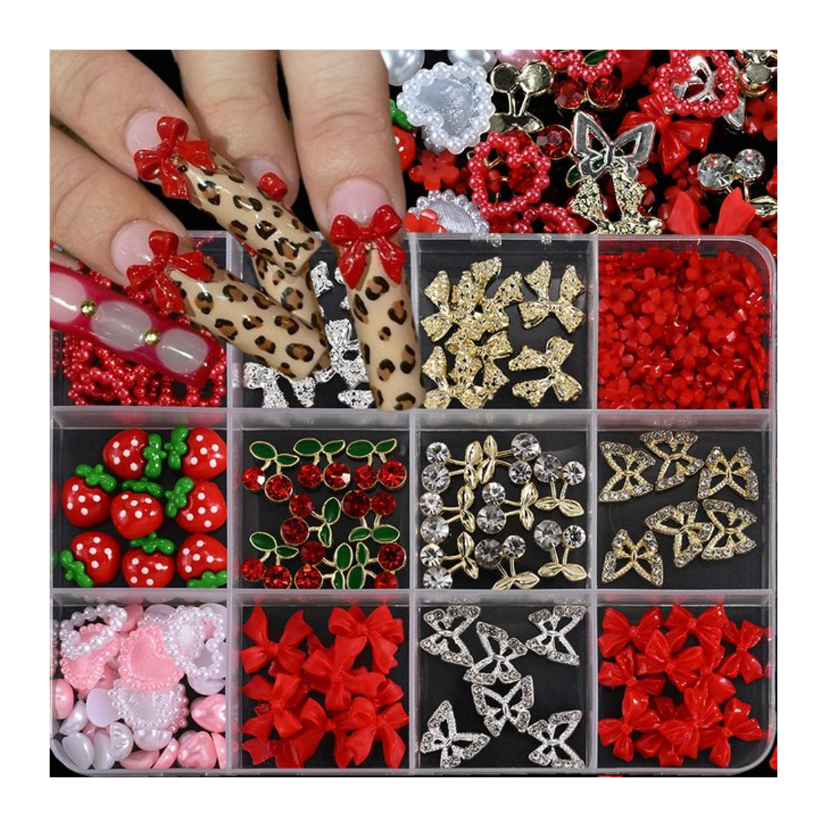 MAFANAILS 12er Set Nail Art Charms mit Schleifen, Herzen, Erdbeeren und Schmetterlingen in Rot und Mehrfarbig aus Kunstharz und Metall - Bild 1