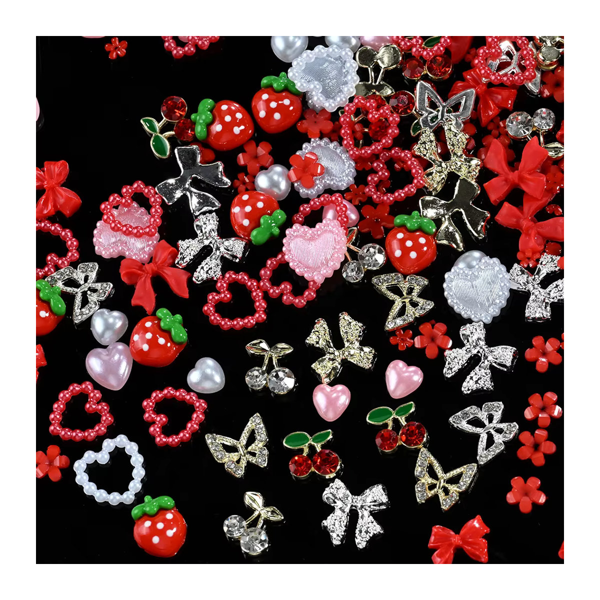 MAFANAILS 12er Set Nail Art Charms mit Schleifen, Herzen, Erdbeeren und Schmetterlingen in Rot und Mehrfarbig aus Kunstharz und Metall - Bild 2