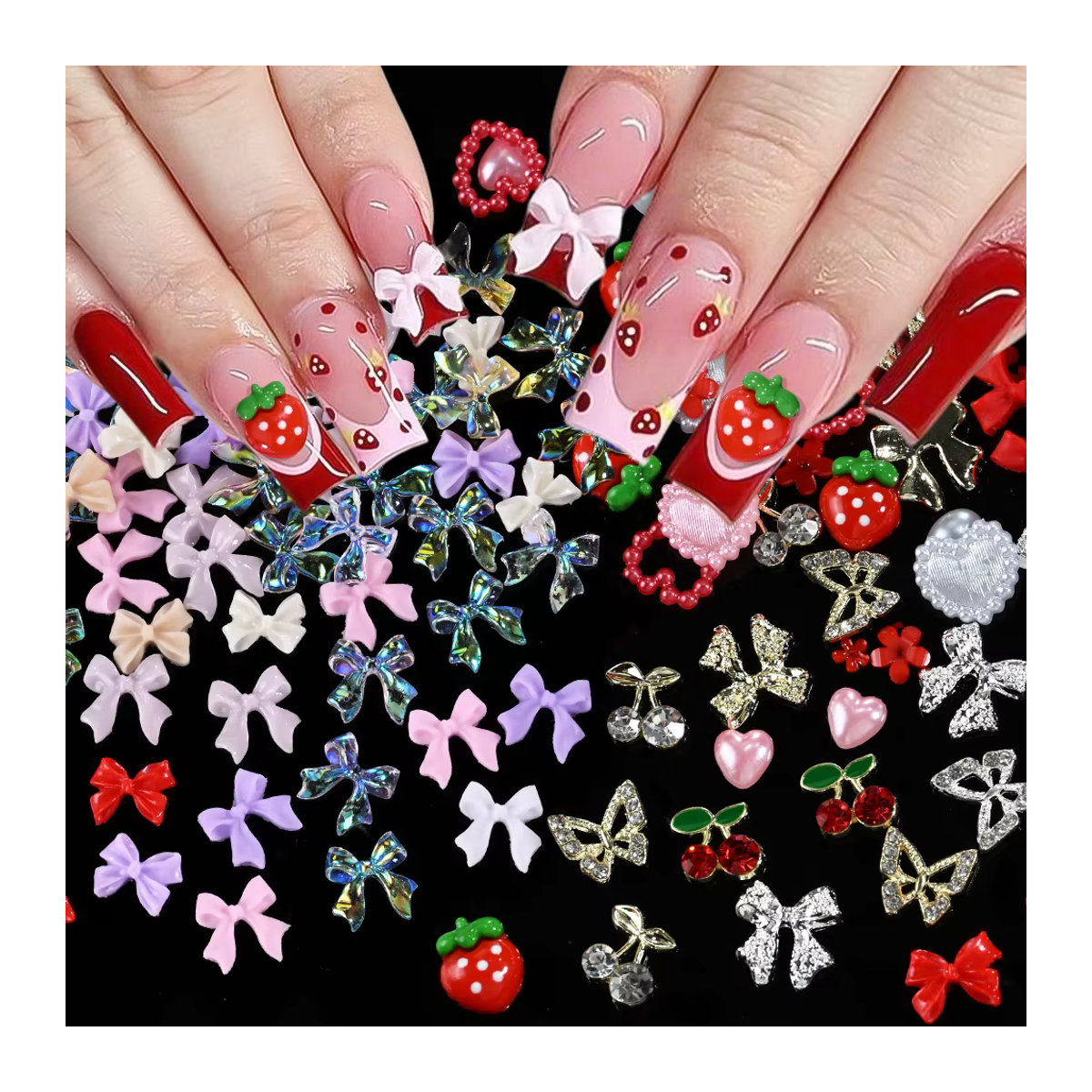 MAFANAILS 12er Set Nail Art Charms mit Schleifen, Herzen, Erdbeeren und Schmetterlingen in Rot und Mehrfarbig aus Kunstharz und Metall - Bild 3