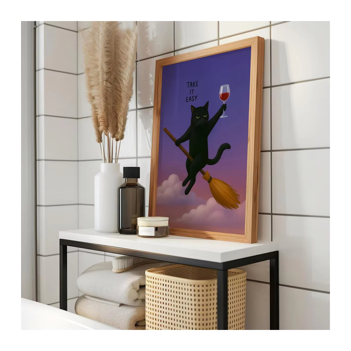 Magische Katzen-Wandkunst von SHENCHEN – Rechteckiges Wandbild aus Holz mit schwarzer Katze in warmem Farbverlauf für die Wandmontage - Bild 5