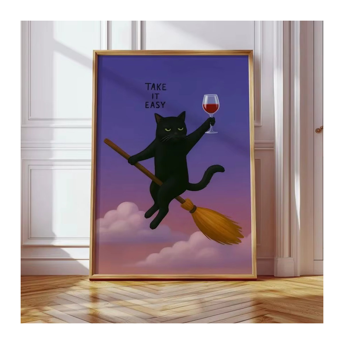 Magische Katzen-Wandkunst von SHENCHEN – Rechteckiges Wandbild aus Holz mit schwarzer Katze in warmem Farbverlauf für die Wandmontage - Bild 6
