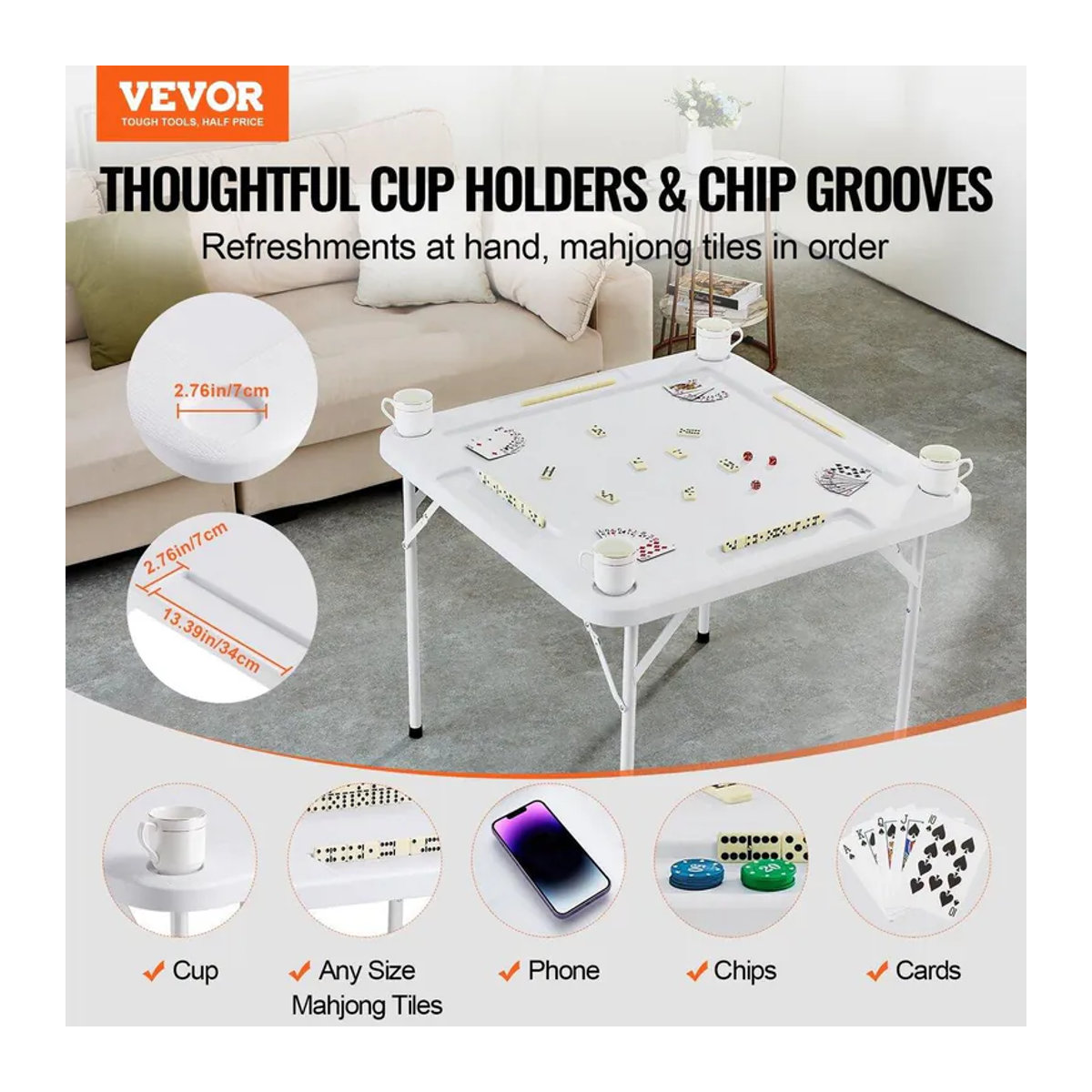 Mahjongtisch für 4 Spieler von Buying Solutions, MB als klappbarer Kartentisch mit 4 Becherhaltern und Chip-Schalen in Weiß - Bild 6