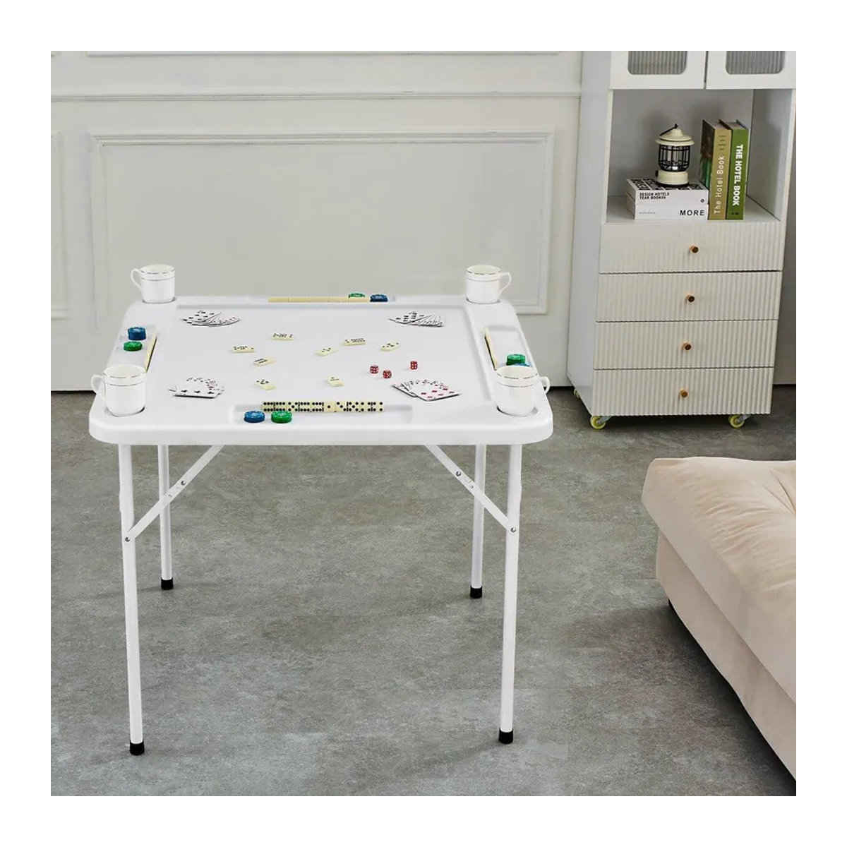 Mahjongtisch für 4 Spieler von Buying Solutions, MB als klappbarer Kartentisch mit 4 Becherhaltern und Chip-Schalen in Weiß - Bild 7