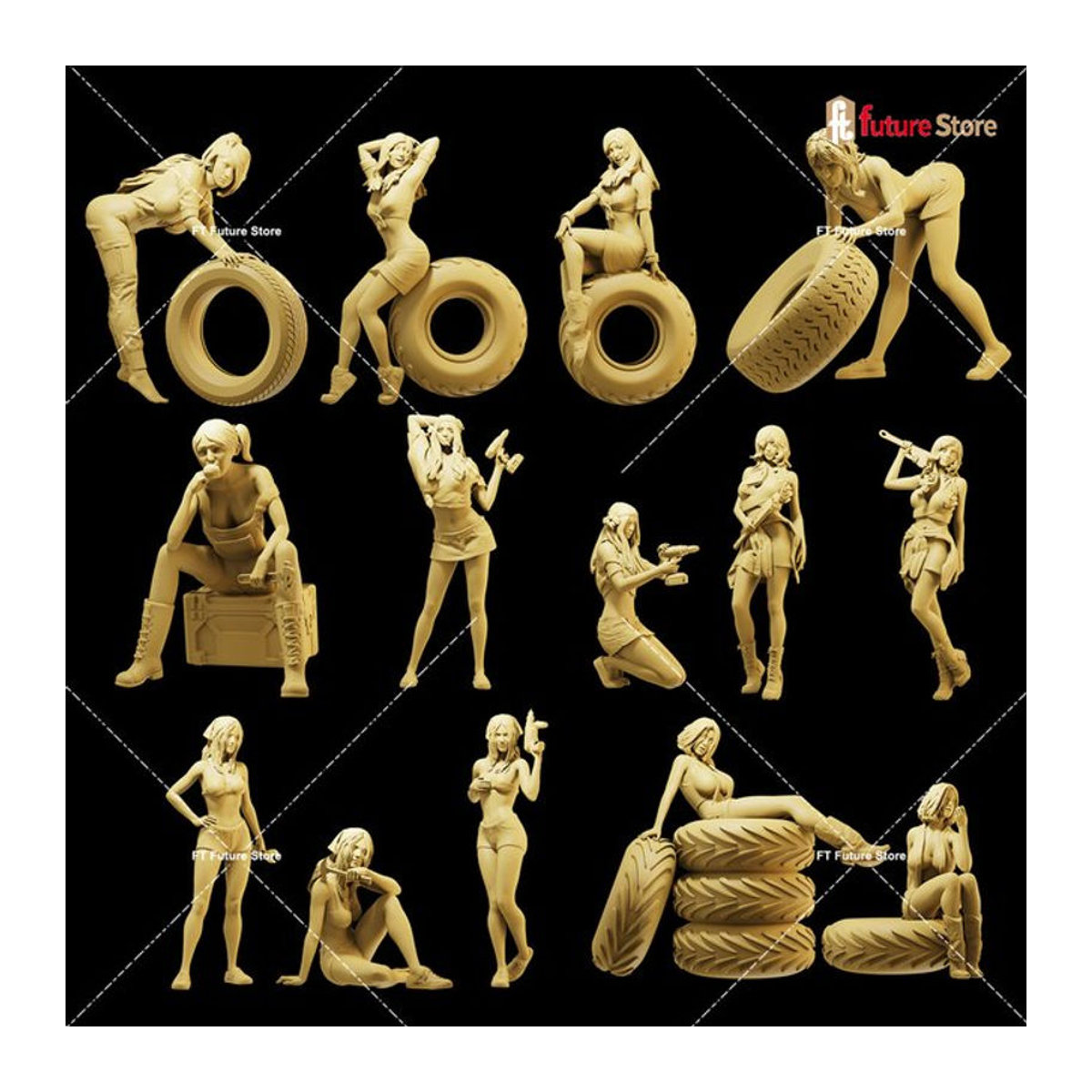 MAK Diorama Miniaturfigur Mädchen bei Reifenreparatur aus Kunstharz, mehrfarbig, stehend - Bild 1