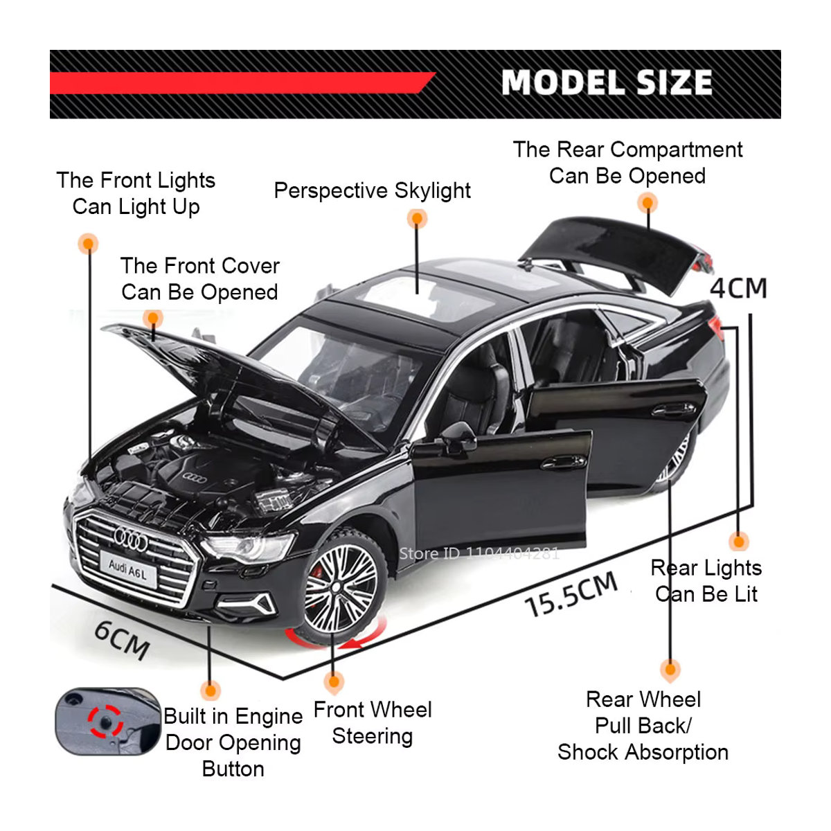 MAKEDA Diecast Modellauto A6L S400L in Weiß und Schwarz mit Sound und Licht sowie öffnbaren Türen und Lenkung im Maßstab 1:32 - Bild 2
