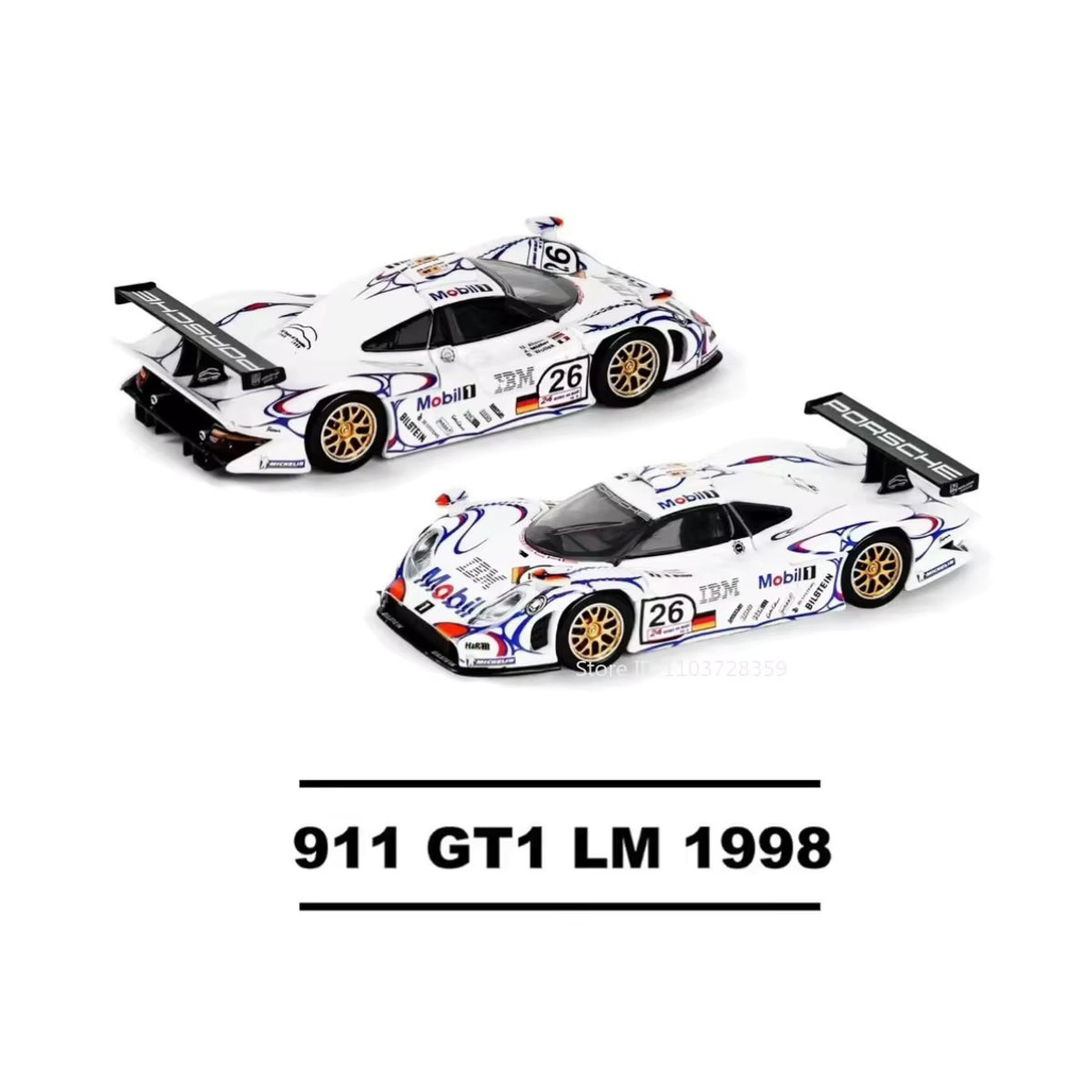 MAKEDA Miniatur-Automodell 1:64 911 GT1 LM 1998 Cayenne Turbo aus Metall in Blau und Weiß mit öffnender Motorhaube und Radnaben - Bild 2