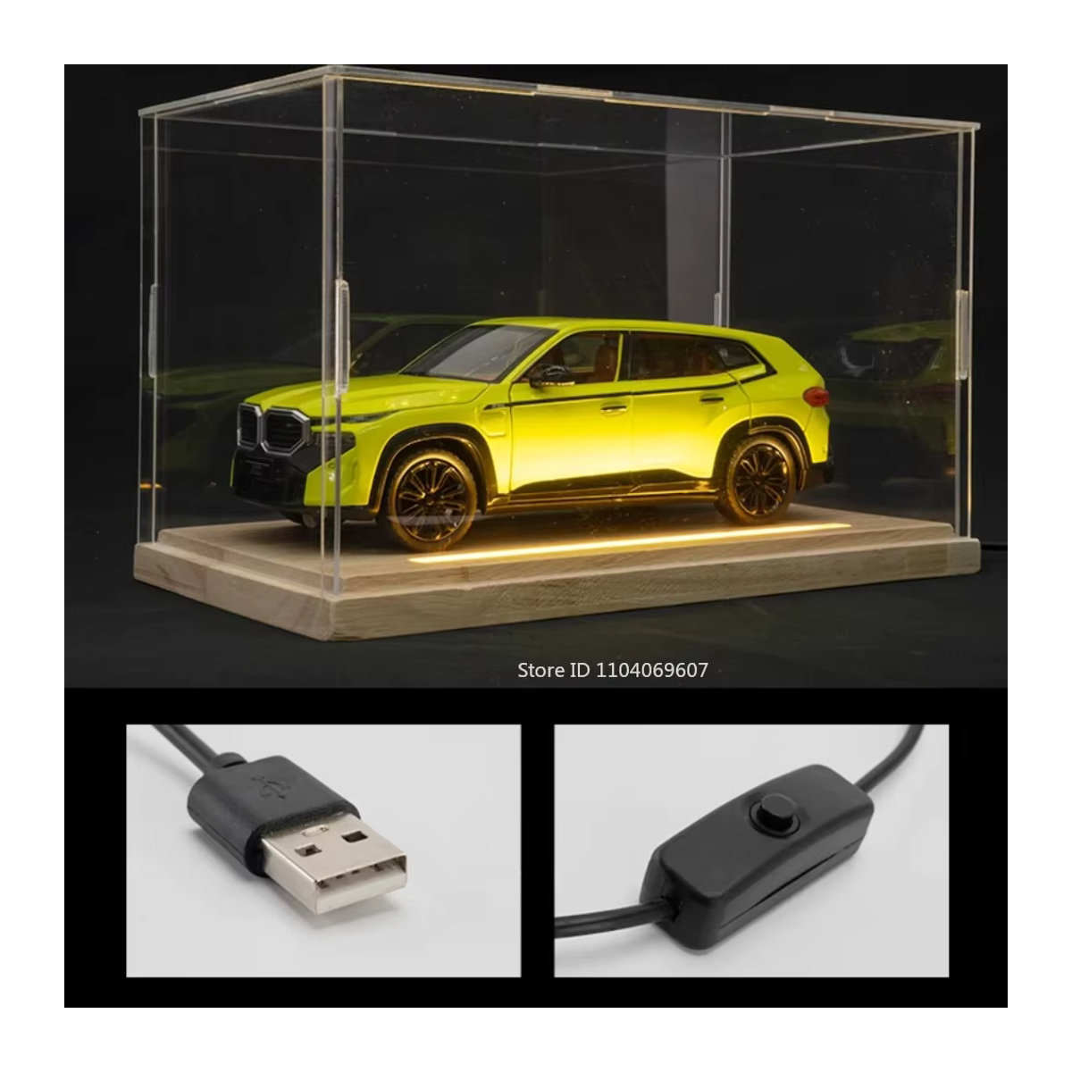 MAKEDA Staubschutzbox aus Acrylglas mit LED-Leuchten und Holzsockel für Automodelle in den Maßstäben 1:9, 1:24 und 1:32, transparent - Bild 2