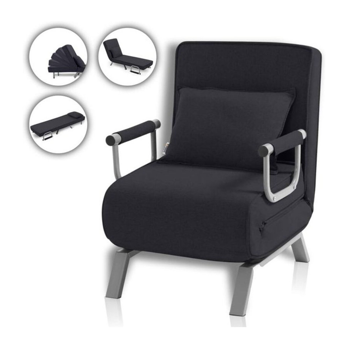 Makika Schlafsessel Schlafsofa Ted klappbar in Schwarz aus Leinen und Stahl - Bild 1