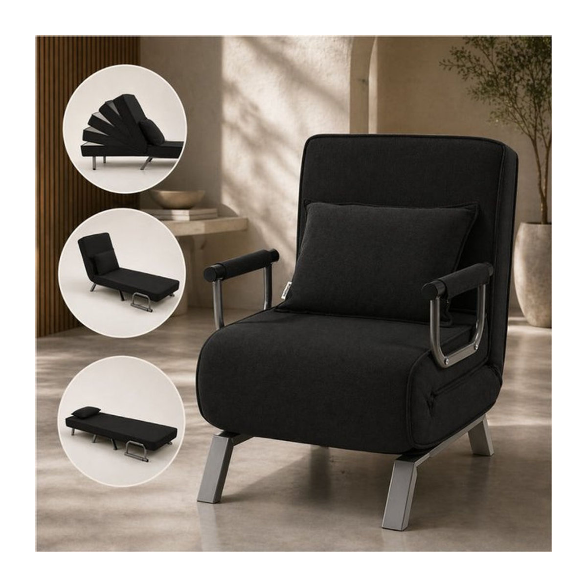 Makika Schlafsessel Schlafsofa Ted klappbar in Schwarz aus Leinen und Stahl - Bild 2