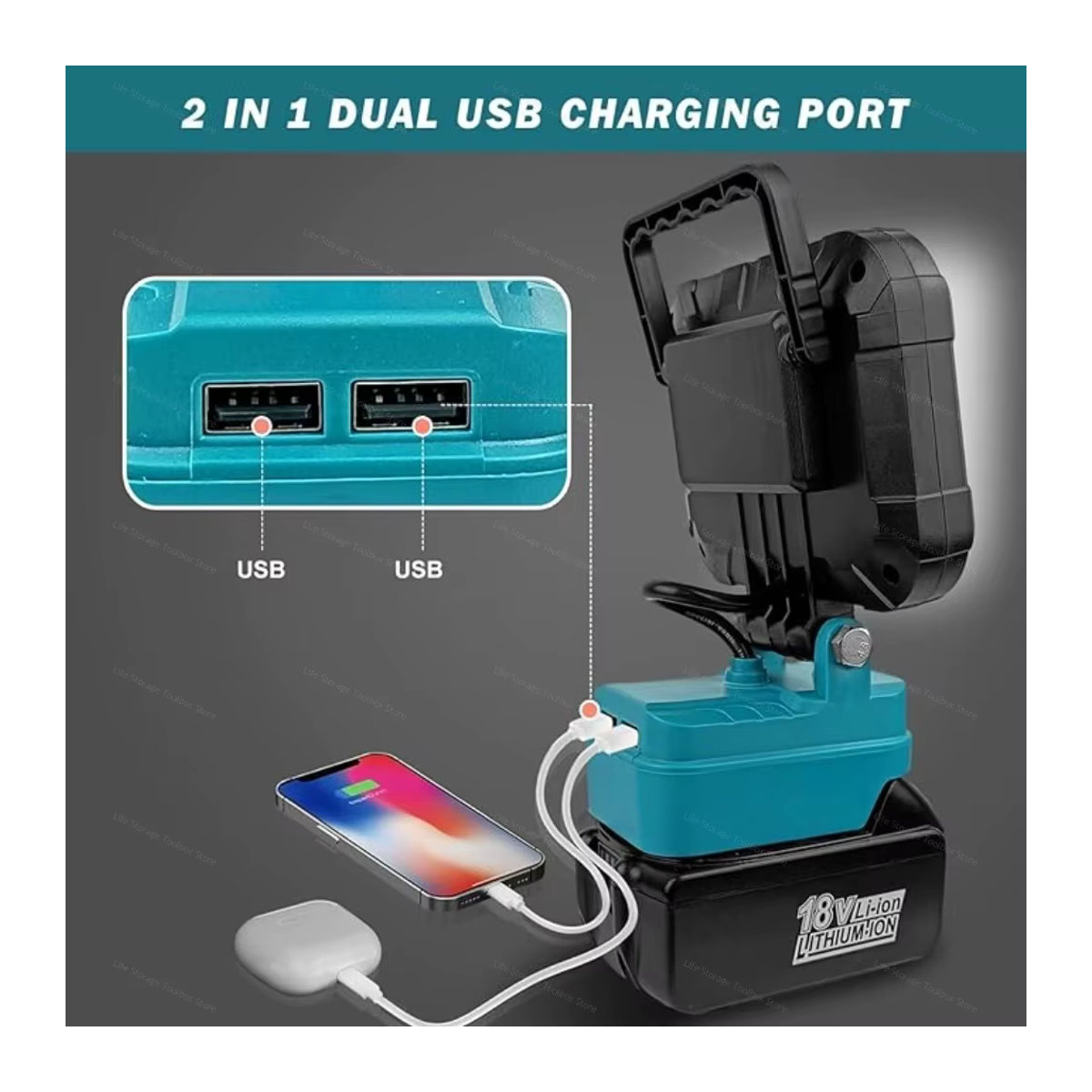 Makita LED-Arbeitsleuchte für 18V Akku, 1500 Lumen kabelloses Flutlicht mit 2 USB-Ladeanschlüssen - Bild 3