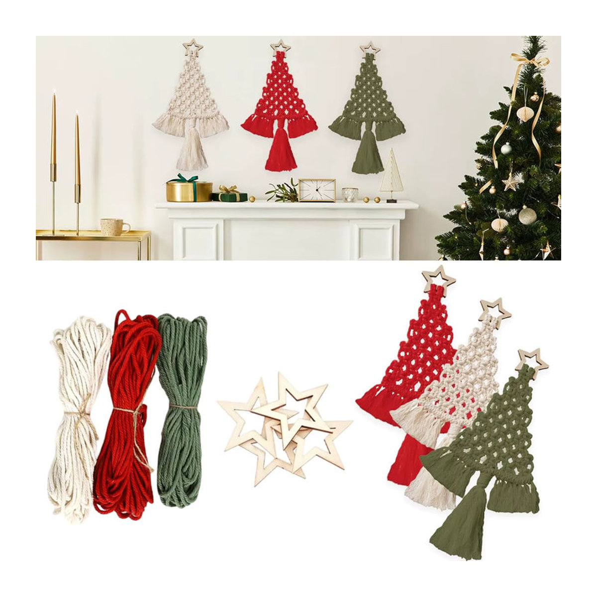 Makramee DIY Weihnachtsbaum Set zum Selbermachen – Boho Wanddeko aus Baumwolle in Mehrfarbig mit geometrischem Design - Bild 3