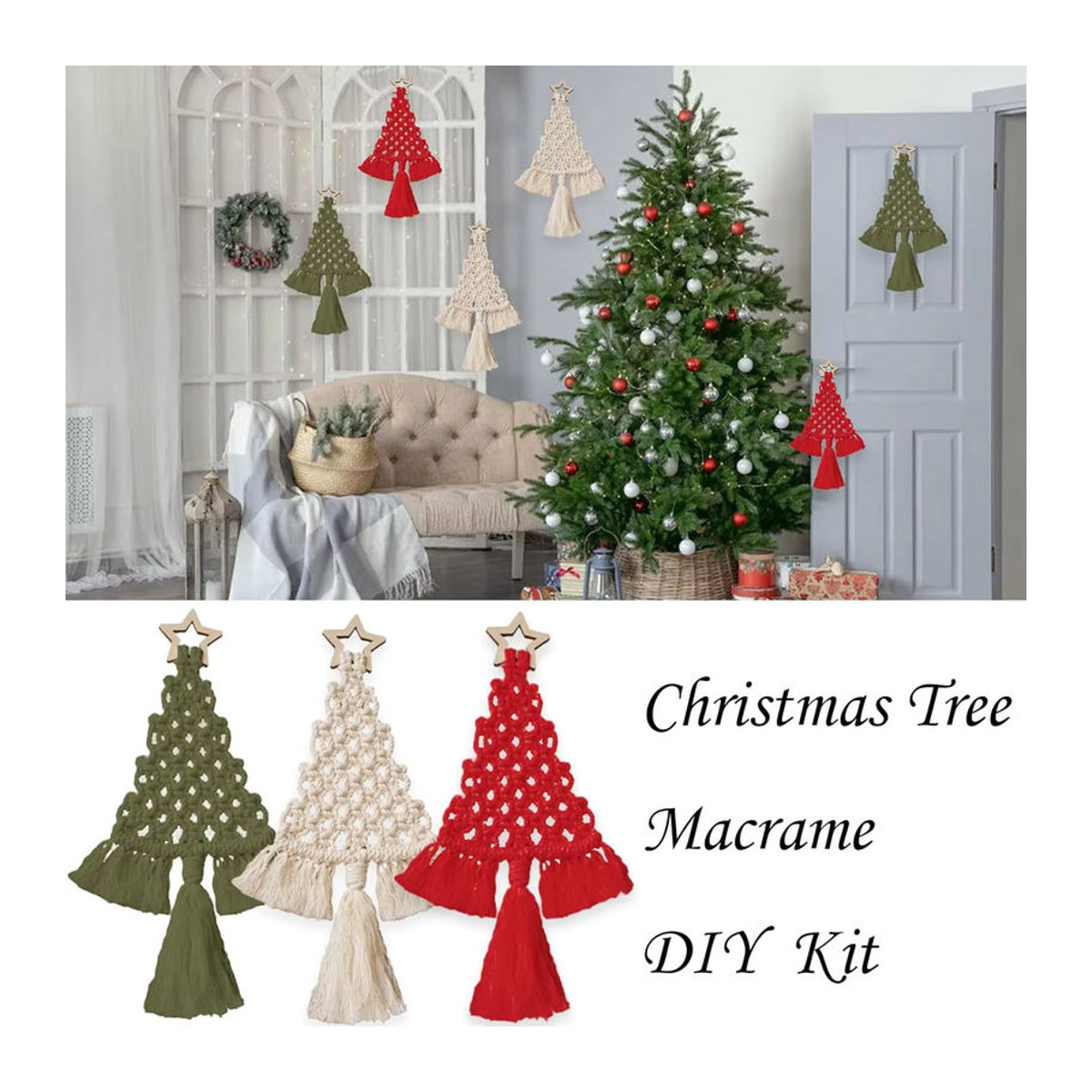 Makramee DIY Weihnachtsbaum Set zum Selbermachen – Boho Wanddeko aus Baumwolle in Mehrfarbig mit geometrischem Design - Bild 5
