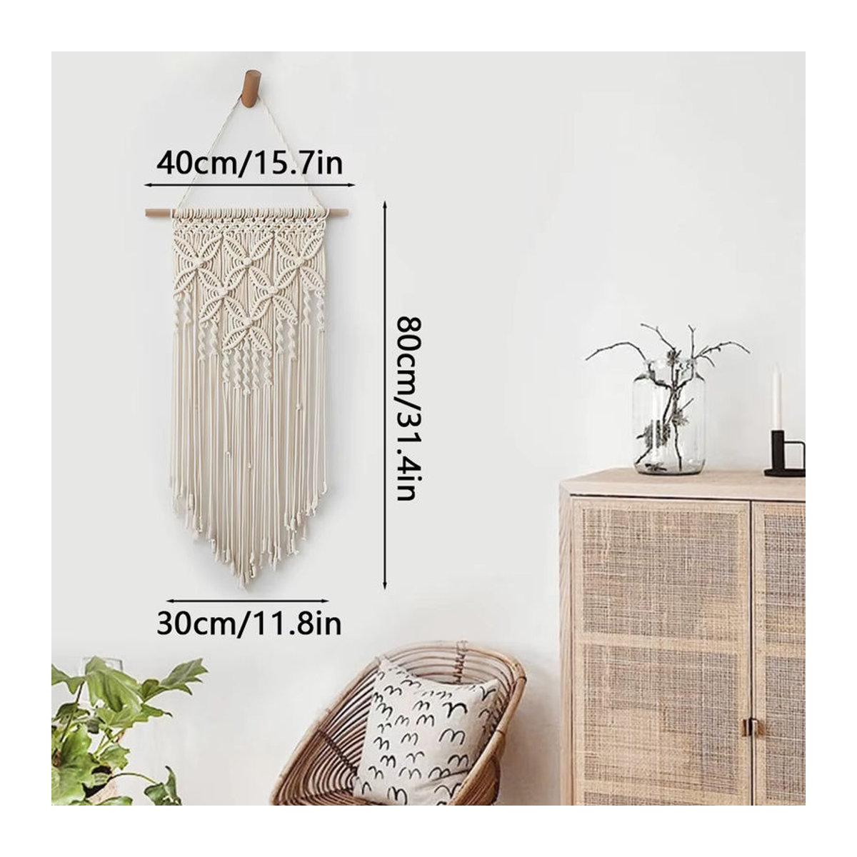 Makramee Wandbehang in Beige und Weiß, handgewebter Bohemian Wandteppich aus Baumwolle mit geometrischem Design, Breite: 80 cm, Höhe: 40 cm - Bild 2