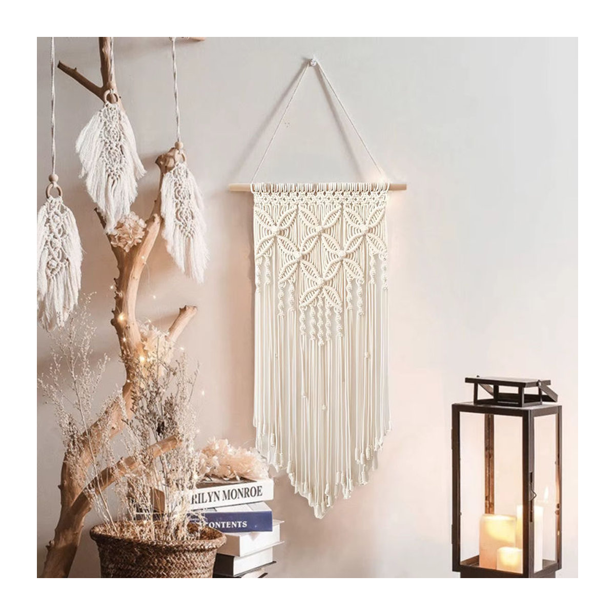 Makramee Wandbehang in Beige und Weiß, handgewebter Bohemian Wandteppich aus Baumwolle mit geometrischem Design, Breite: 80 cm, Höhe: 40 cm - Bild 3