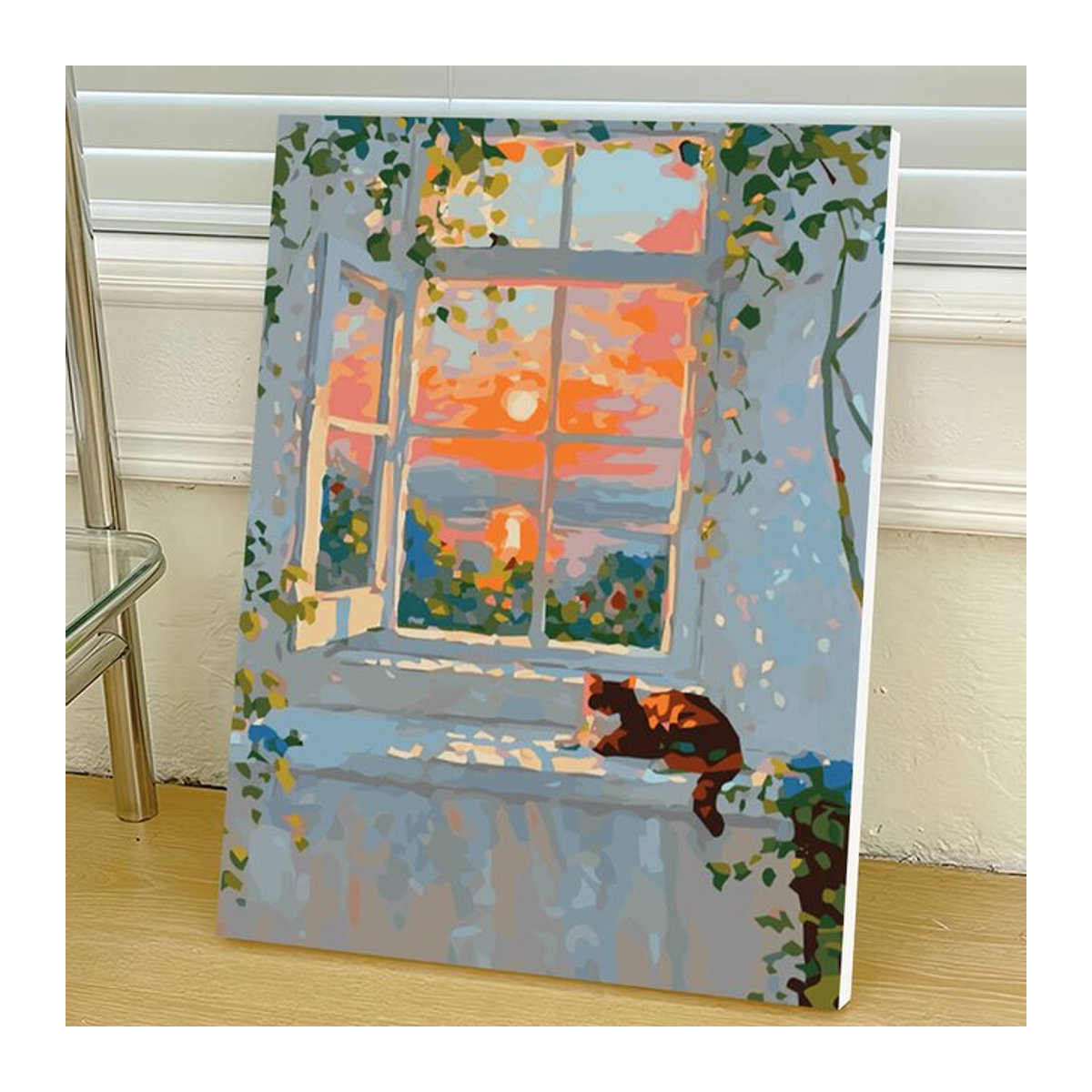 Malen nach Zahlen Set Landschaft mit Katze und Sonnenuntergang auf Leinwand, Mehrfarbig, Rechteckig - Bild 1