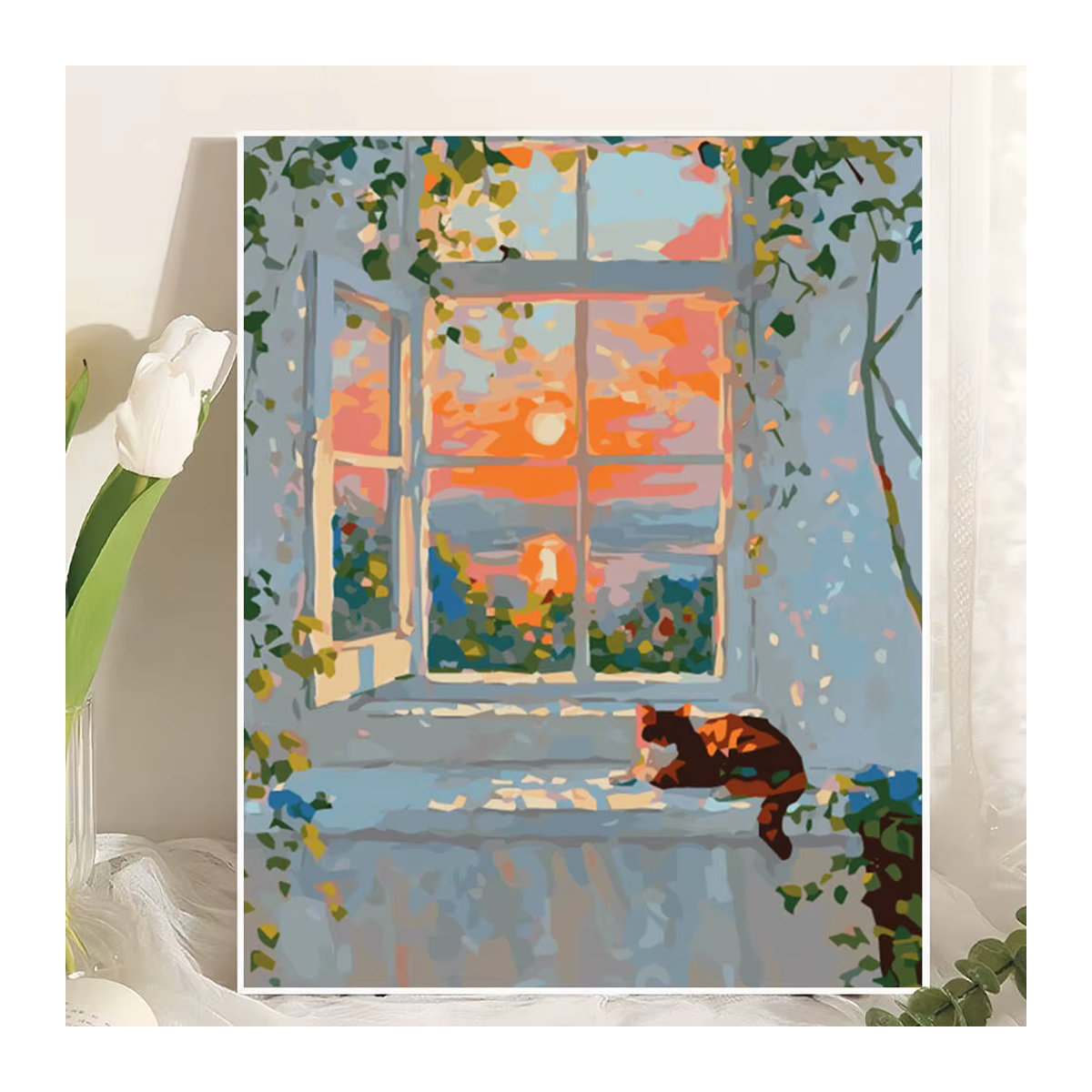 Malen nach Zahlen Set Landschaft mit Katze und Sonnenuntergang auf Leinwand, Mehrfarbig, Rechteckig - Bild 3