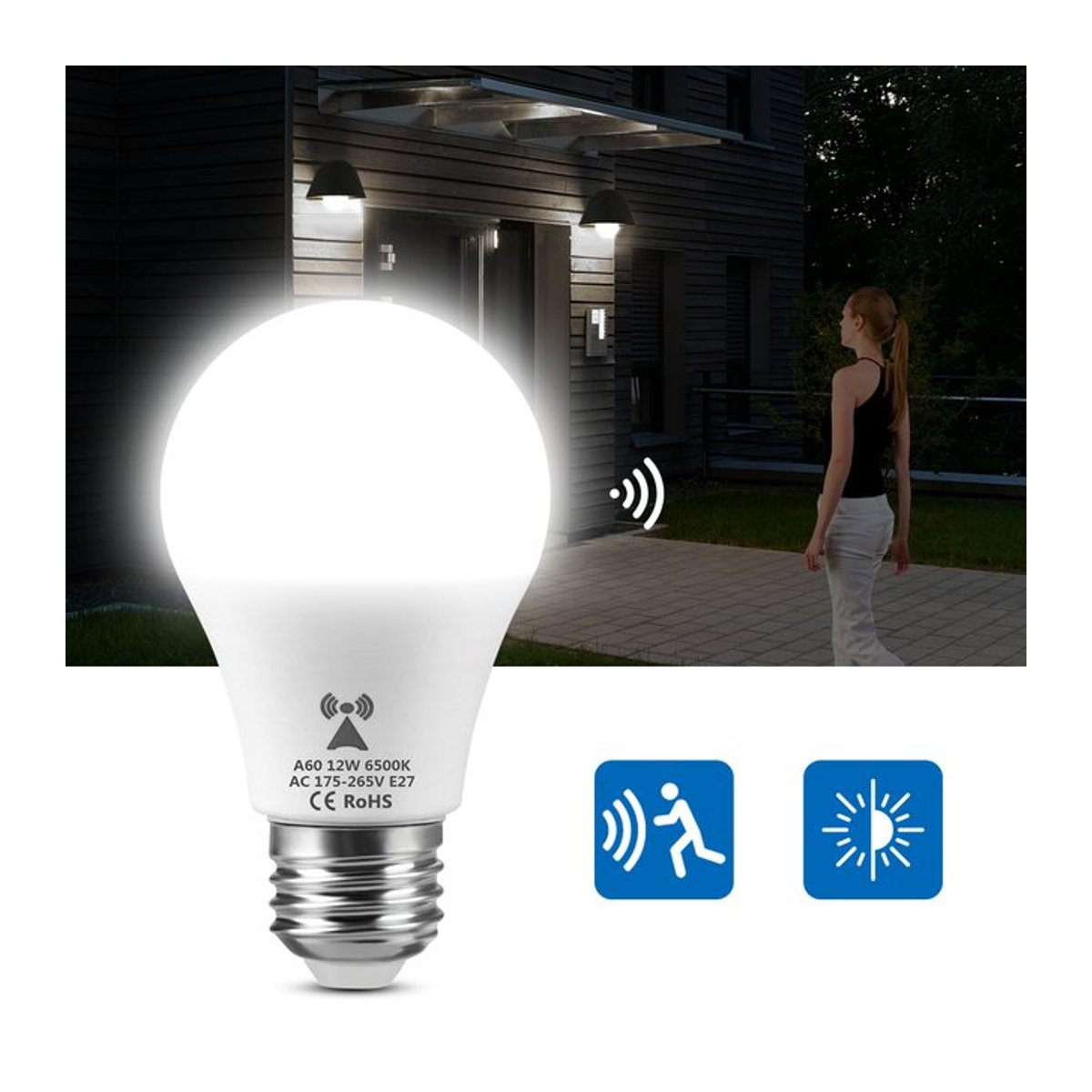 MALITAI E27 LED Bewegungsmelder Birne mit Radar-Sensor für Treppen und Garage, Aluminium Gehäuse, 110V-220V - Bild 1