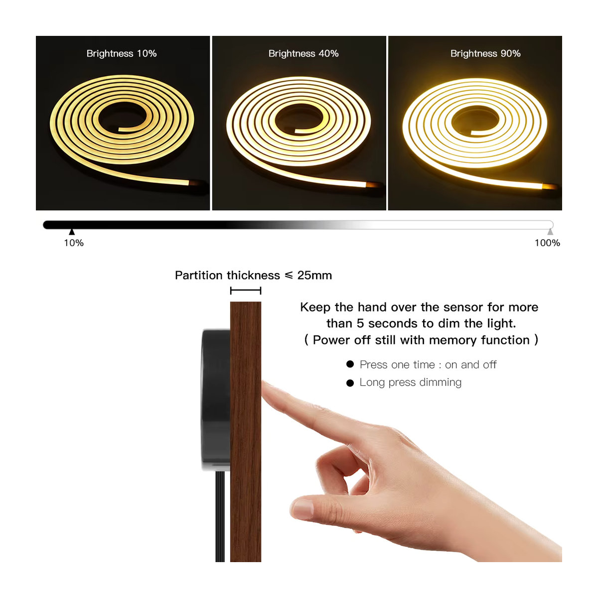 MALITAI LED Neonlichtstreifen aus Silikon mit Touch-Sensor und Dimmfunktion, Warmweiß, Schwarz und Weiß - Bild 2