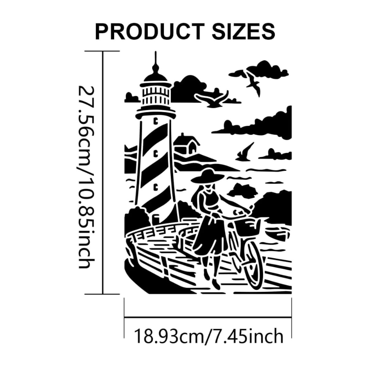 Maritime Schablone mit Leuchtturm, Meer und Möwen in Schwarz, B: 29,72 cm x H: 29,72 cm - Bild 2