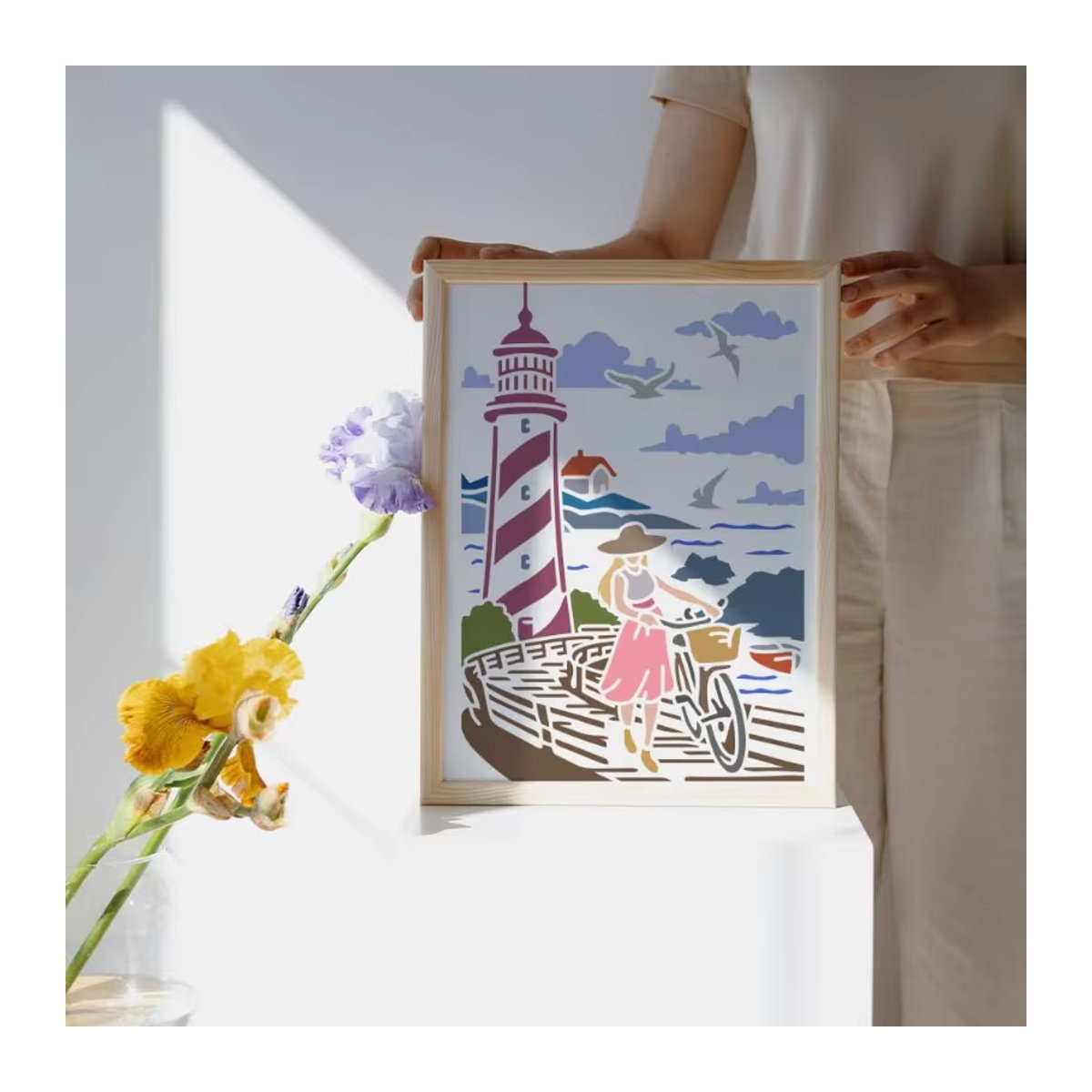 Maritime Schablone mit Leuchtturm, Meer und Möwen in Schwarz, B: 29,72 cm x H: 29,72 cm - Bild 4