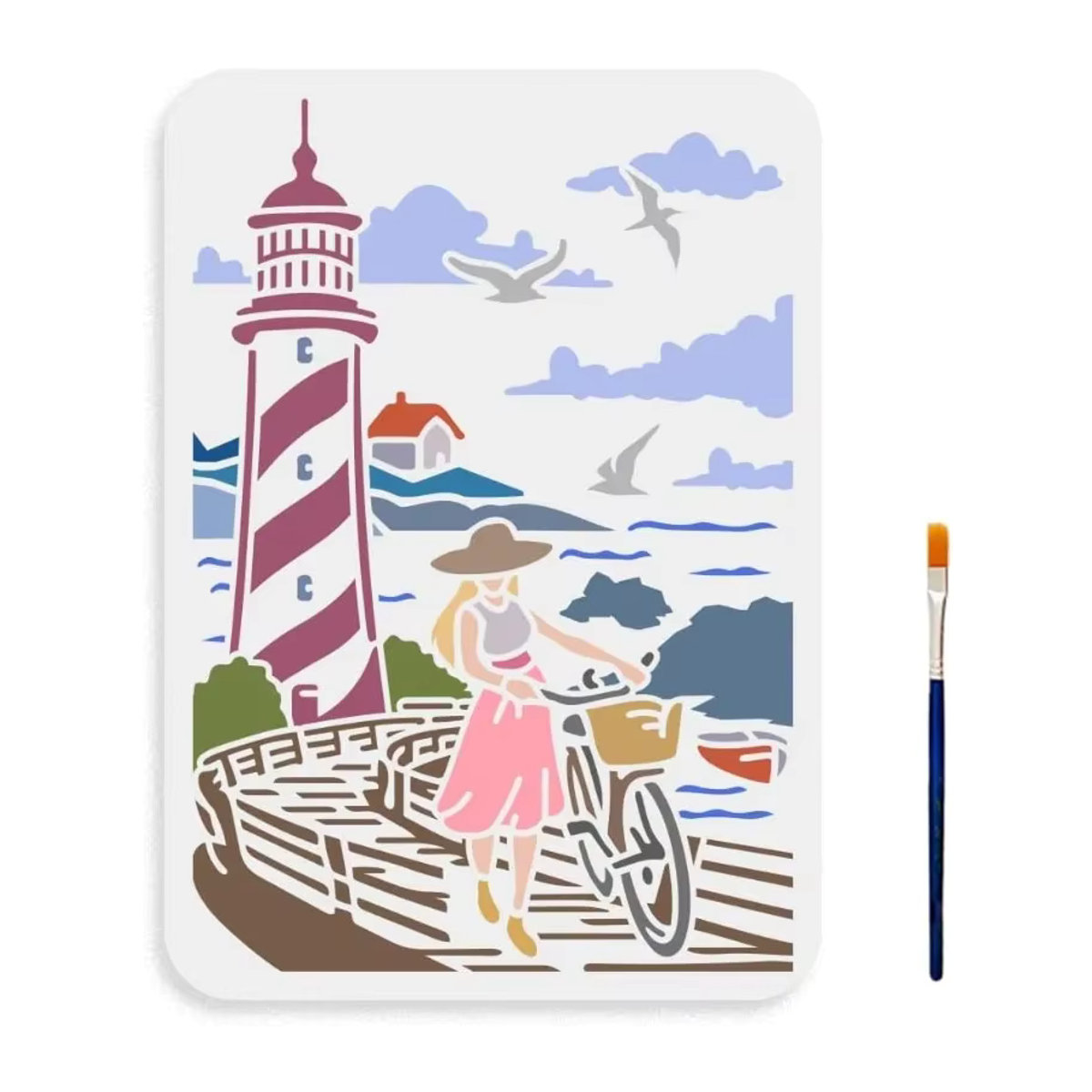 Maritime Schablone mit Leuchtturm, Meer und Möwen in Schwarz, B: 29,72 cm x H: 29,72 cm - Bild 5
