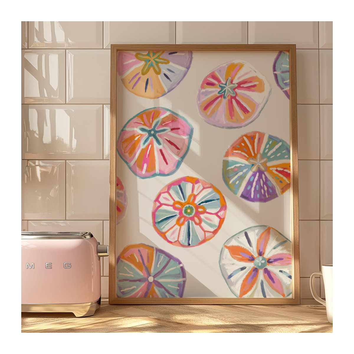Maritimer Sanddollar Wandkunst von SHENCHEN – Abstraktes Wandbild in Hochformat mit mehrfarbigen Motiven aus Holz - Bild 1