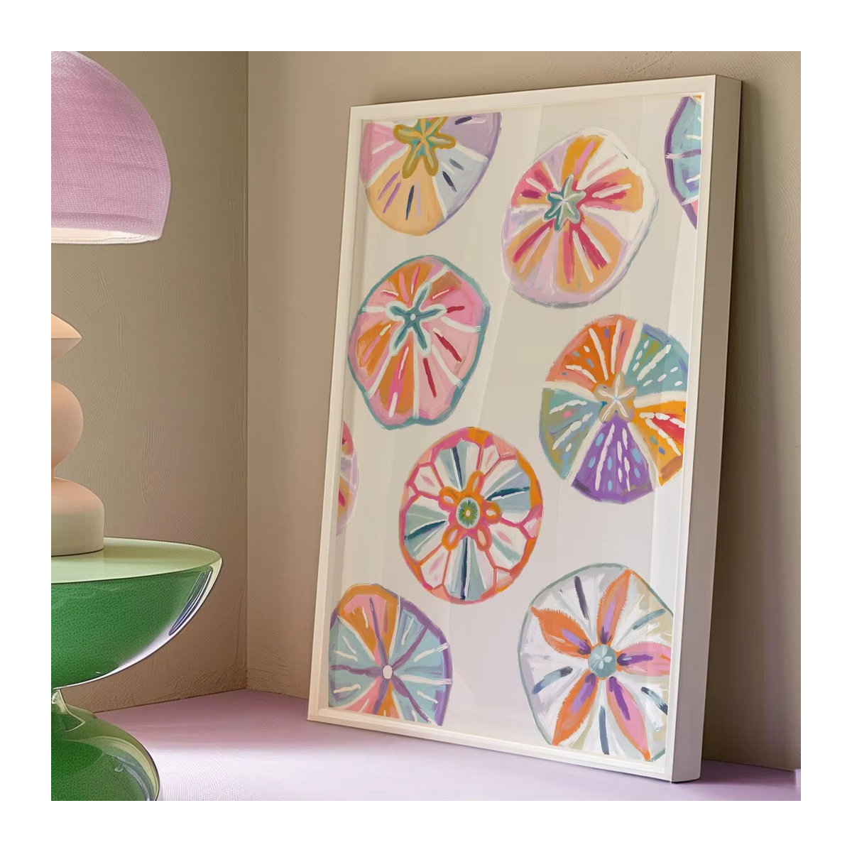 Maritimer Sanddollar Wandkunst von SHENCHEN – Abstraktes Wandbild in Hochformat mit mehrfarbigen Motiven aus Holz - Bild 2
