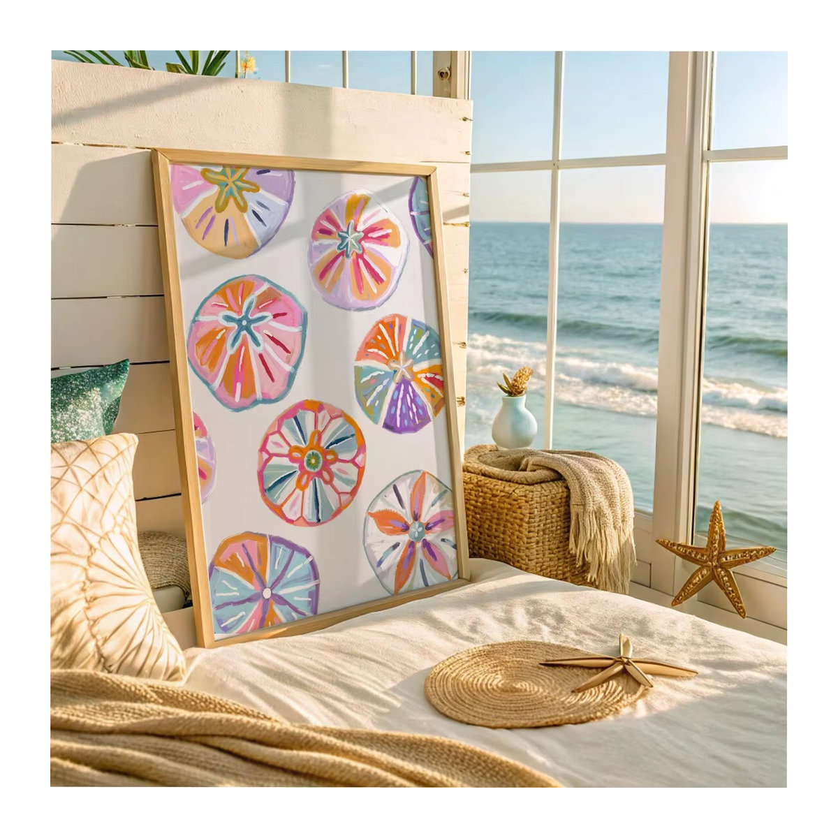 Maritimer Sanddollar Wandkunst von SHENCHEN – Abstraktes Wandbild in Hochformat mit mehrfarbigen Motiven aus Holz - Bild 4