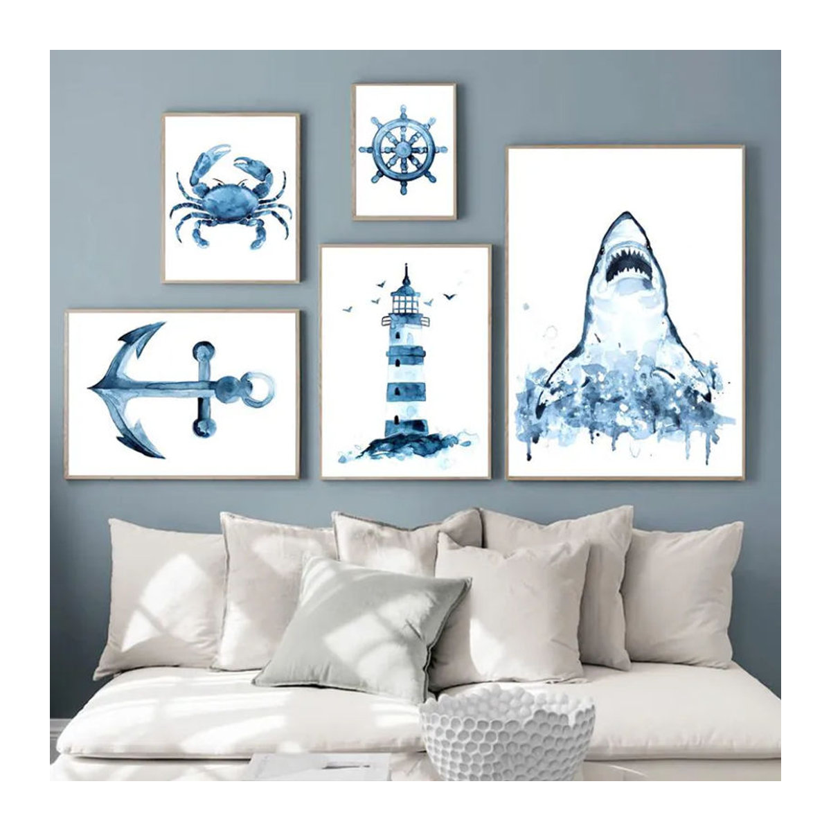 Maritimes Leinwandgemälde mit Leuchtturm, Anker und Meerestieren in Marineblau, Rahmenlos, Breite: 40 cm, Höhe: 50 cm - Bild 3