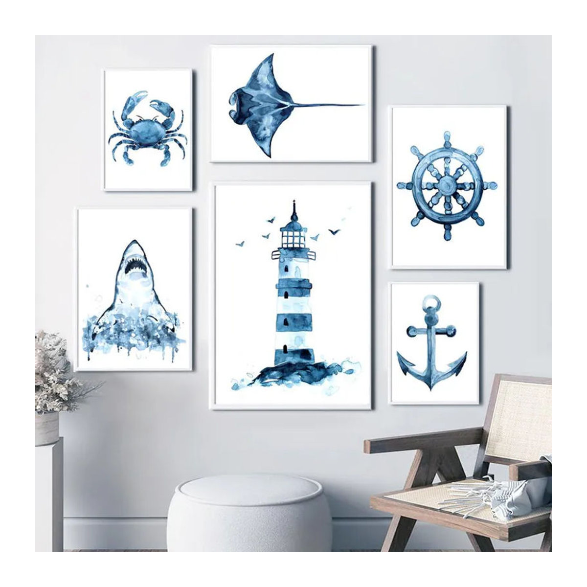Maritimes Leinwandgemälde mit Leuchtturm, Anker und Meerestieren in Marineblau, Rahmenlos, Breite: 40 cm, Höhe: 50 cm - Bild 4