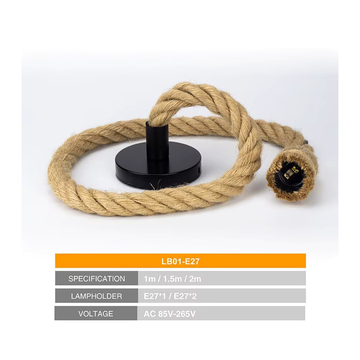 MARPOU Hanfseil Pendelleuchte E27 im Retro Industrial Design, Braun - Bild 2