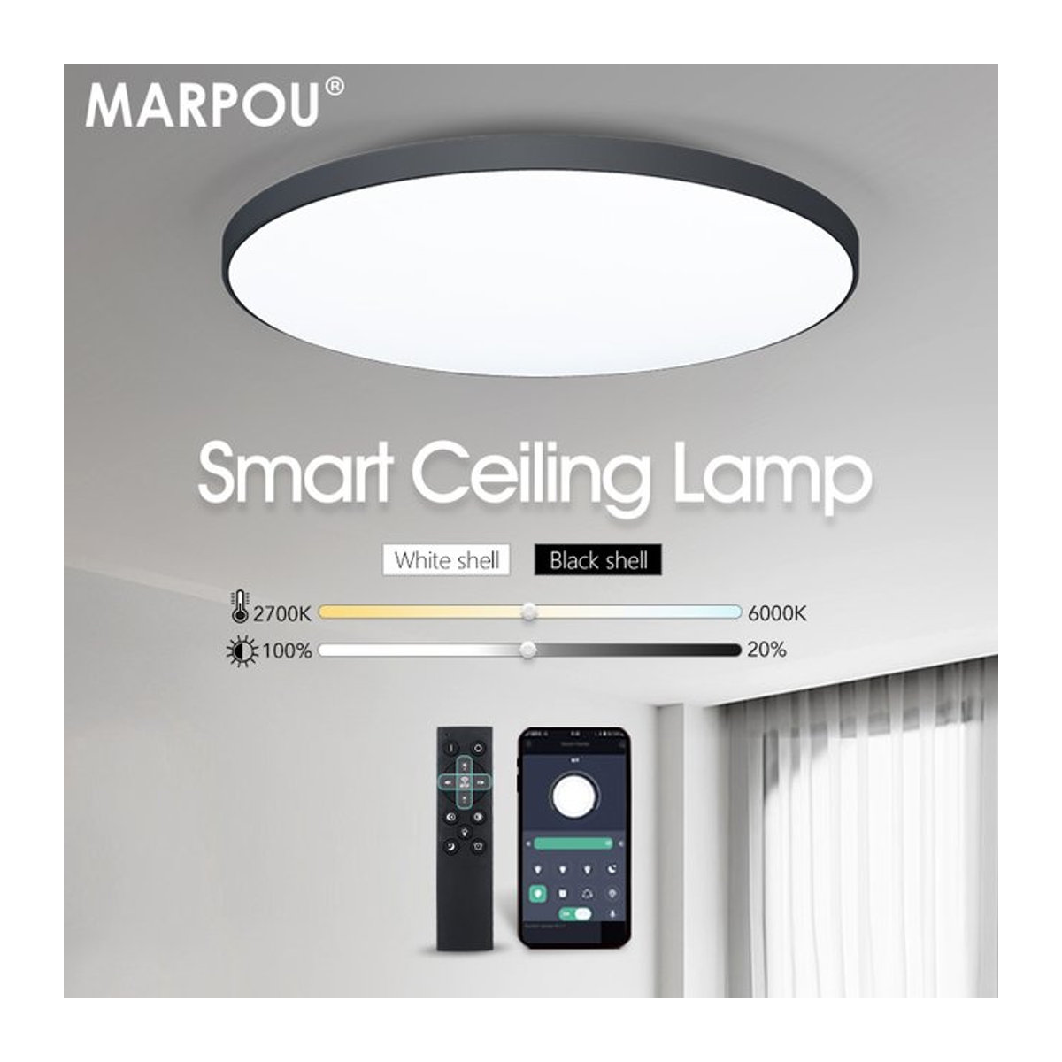 MARPOU Intelligente LED-Deckenleuchte in Schwarz mit Fernbedienung und Dimmfunktion für Schlafzimmer und Wohnzimmer - Bild 1