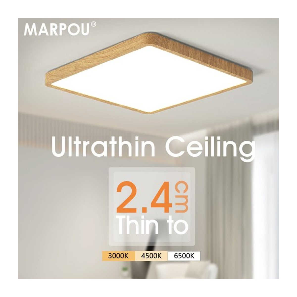 MARPOU LED-Deckenleuchte in Holzoptik, quadratisch, Natur, ultradünn 2,4 cm - Bild 1