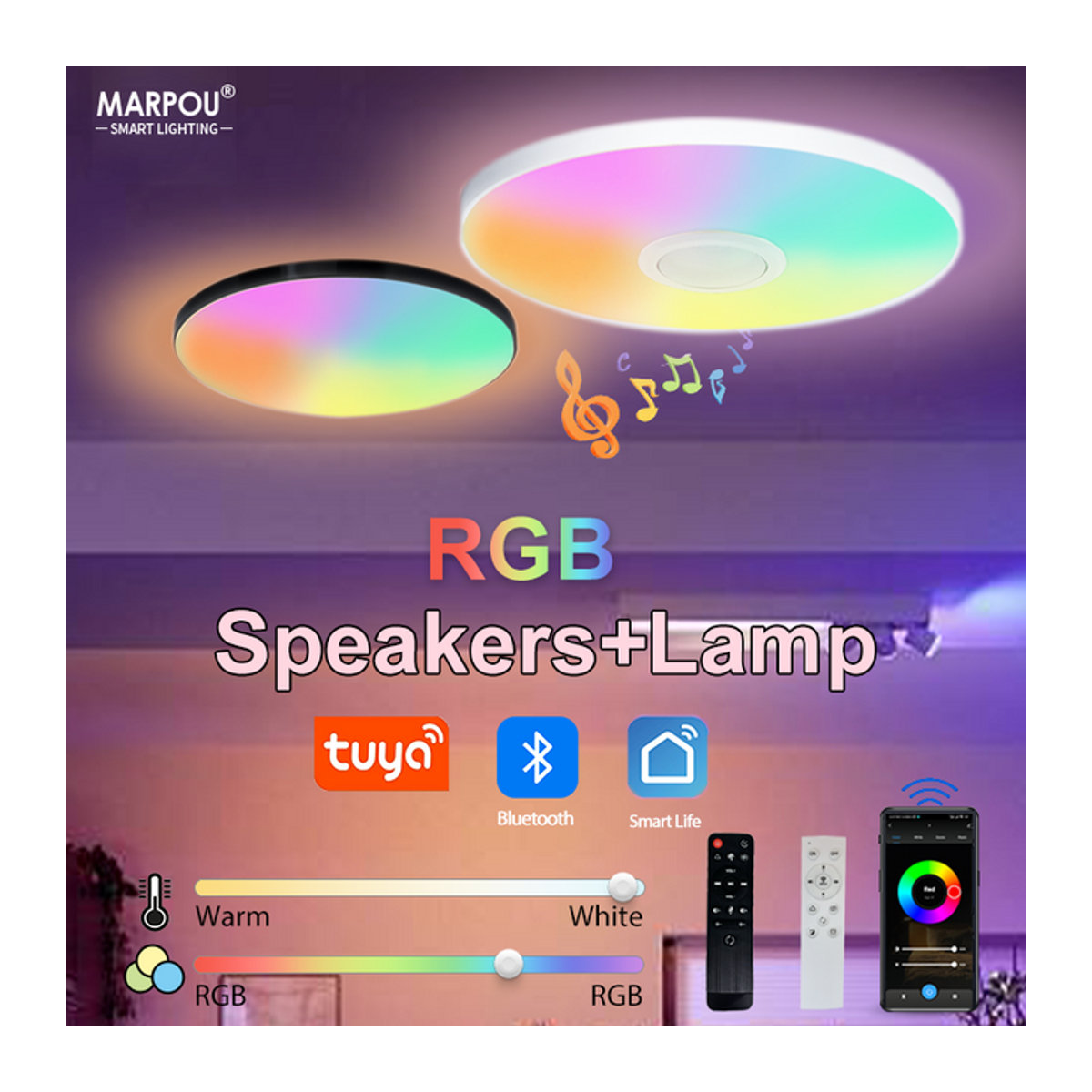MARPOU LED Smart Deckenleuchte mit Bluetooth Lautsprecher und RGB Musikwiedergabe, 36W, Bunt, Modern - Bild 1