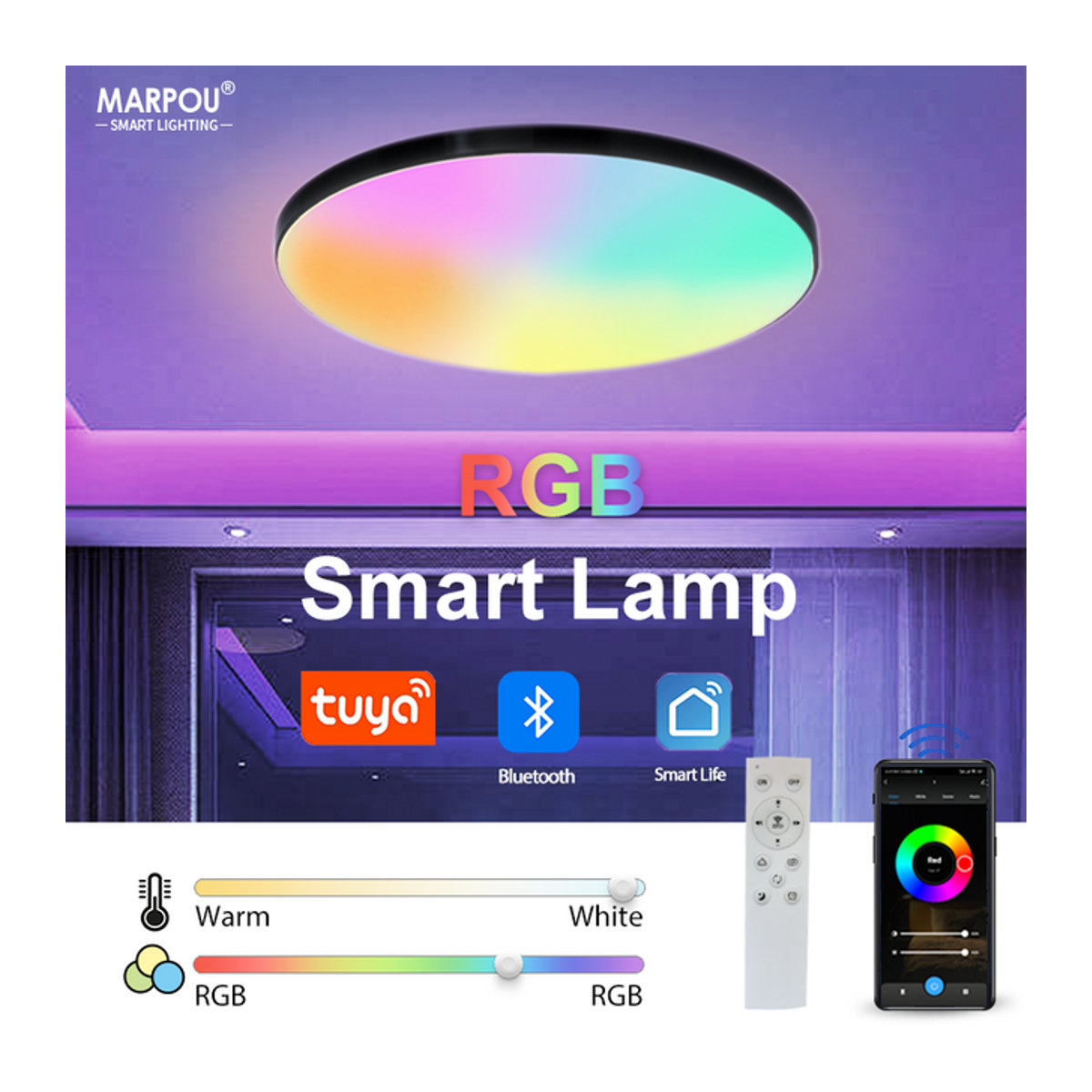 MARPOU Smart LED Deckenlampe RGB mit App und Fernbedienung, 36W, Bunt, Minimalistisches Design für Wohnzimmer und Schlafzimmer - Bild 1