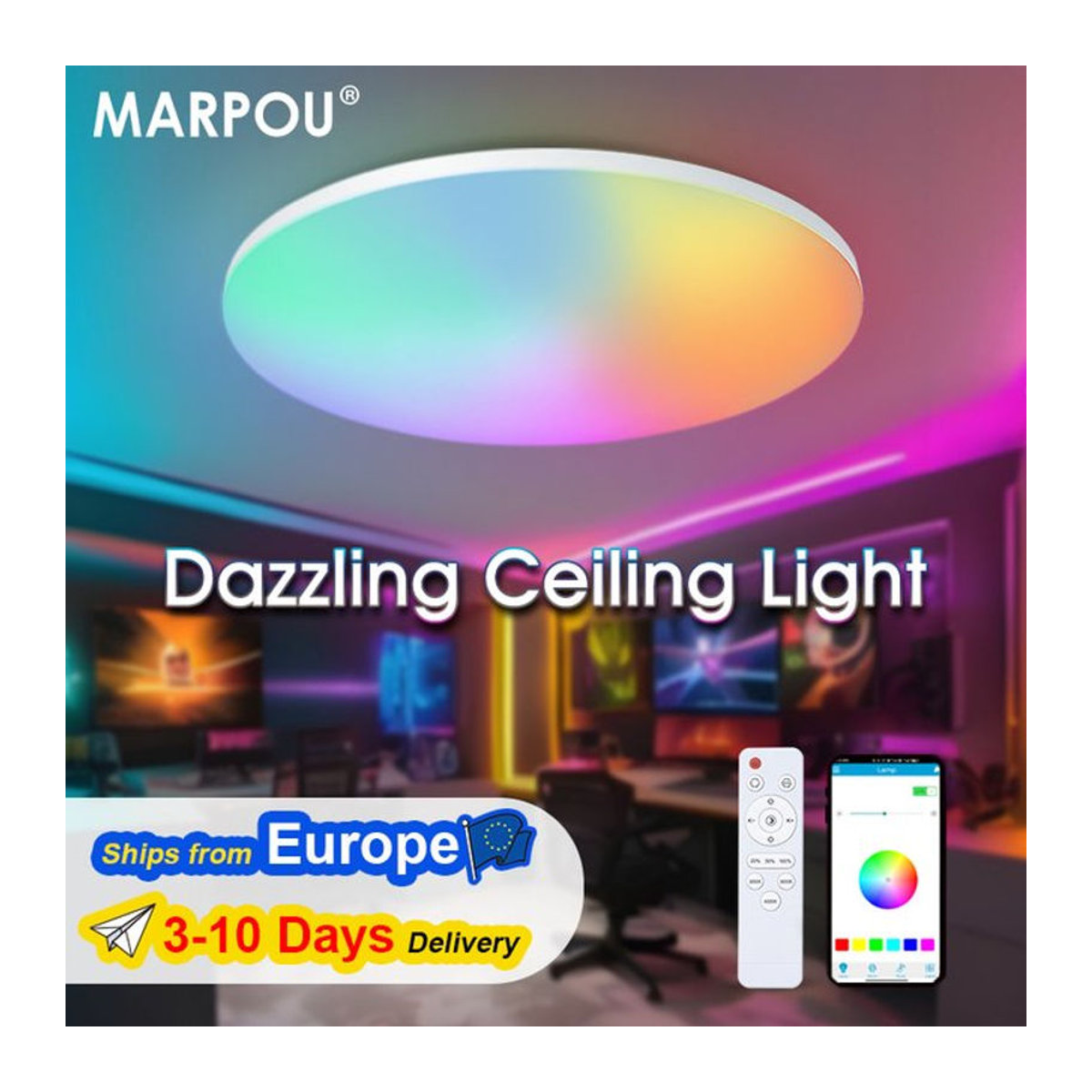 MARPOU Smart LED Deckenleuchte mit RGB-Farben, App-Steuerung und Fernbedienung, moderne bunte Deckenlampe für dein Wohnzimmer - Bild 1