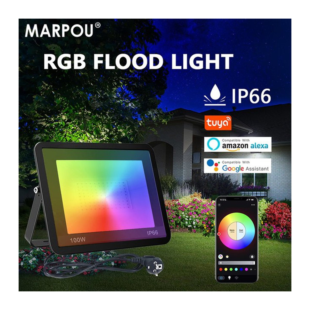 MARPOU Tuya Smart RGB LED Außenstrahler Schwarz mit Sprachsteuerung und einstellbarem Licht - Bild 1