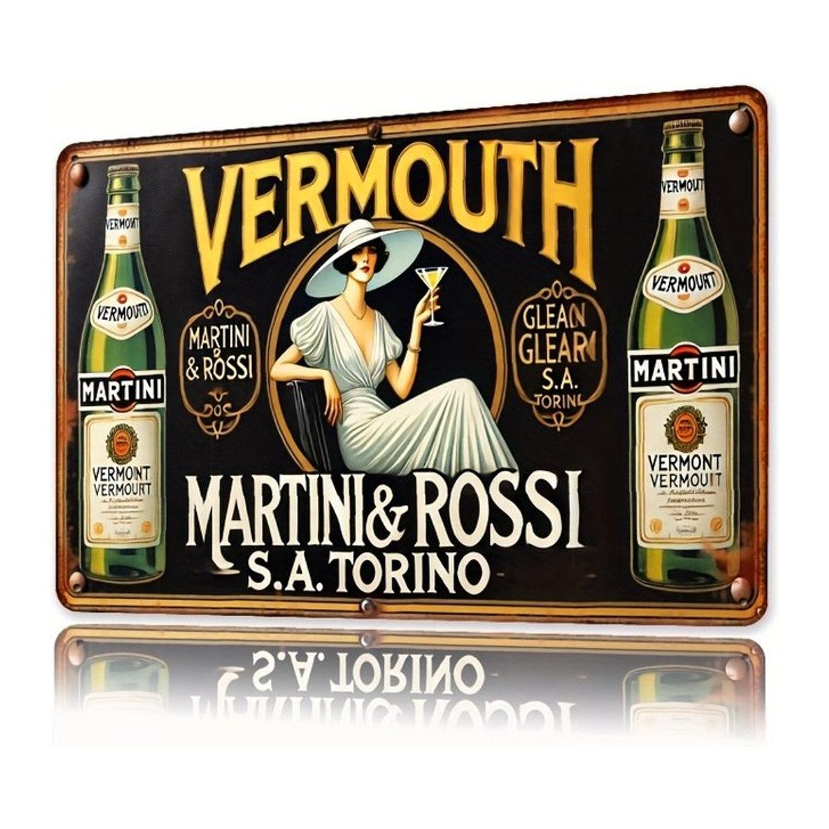 Martini & Rossi Vintage Metallwandschild mit Frauenillustration in Schwarz, Rechteckiges Retro-Eisenposter für die Wandmontage, Höhe: 20 cm, Breite: 14 cm, Tiefe: 14 cm - Bild 1