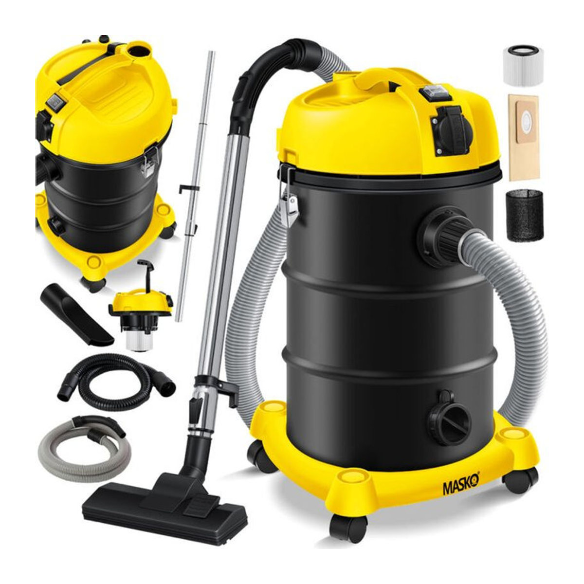 MASKO 6in1 Industriestaubsauger Nass-Trocken-Sauger mit 2300W, Aschesauger und Blasfunktion, Gelb - Bild 1