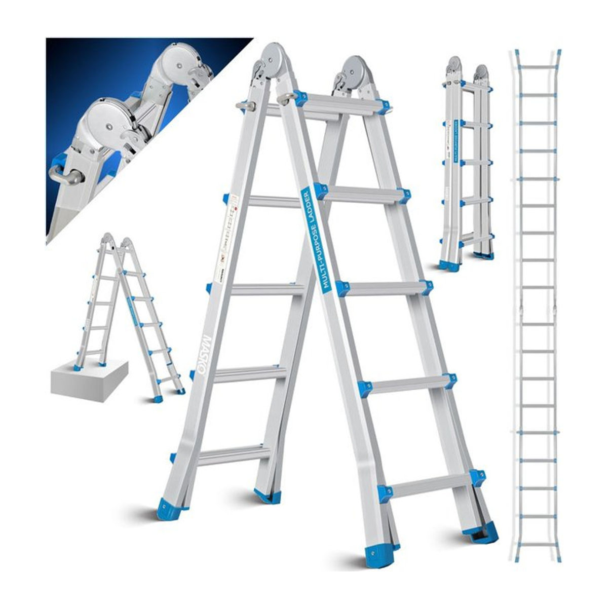 MASKO 6in1 Mehrzweckleiter aus Aluminium in Alufarben, ausziehbar mit 20 Sprossen, Höhe: 520 cm, belastbar bis 150 kg - Bild 1