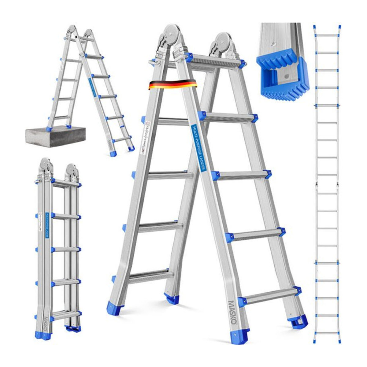 MASKO 6in1 Mehrzweckleiter aus Aluminium in Alufarben, ausziehbar mit 20 Sprossen, Höhe: 520 cm, belastbar bis 150 kg - Bild 2
