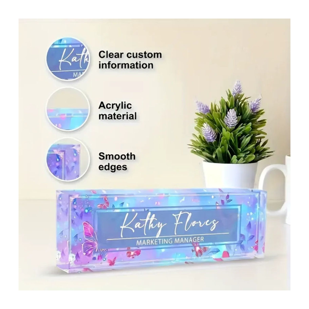 Maßgefertigtes 2D-Acryl-Schreibtisch-Namensschild von Hello Young mit floralem Design in Rot und Mehrfarbig, rechteckig und stehend - Bild 3