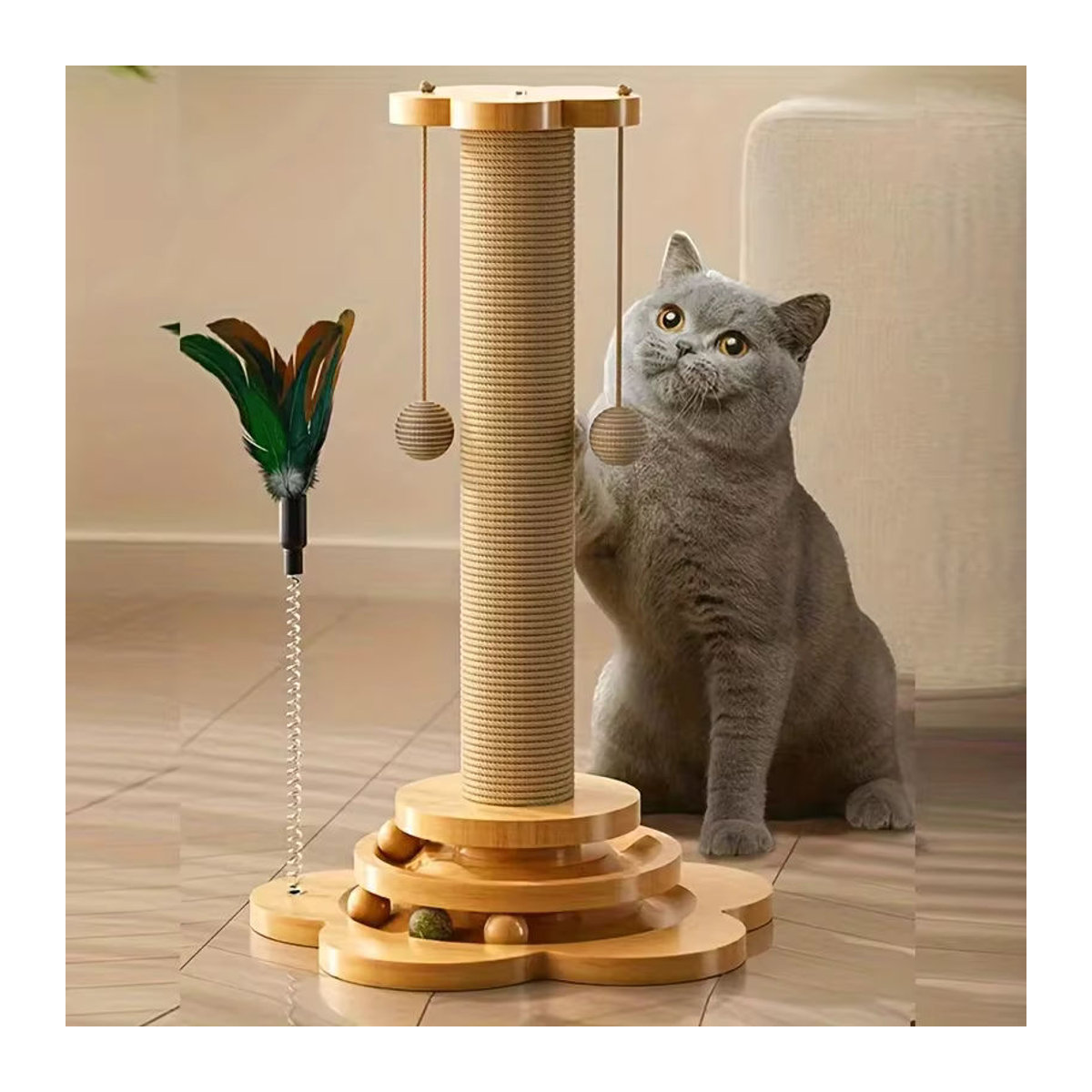 Massivholz-Katzendrehteller in Beige im skandinavischen Design als langlebiges Katzenspielzeug und Kratzbrett - Bild 5