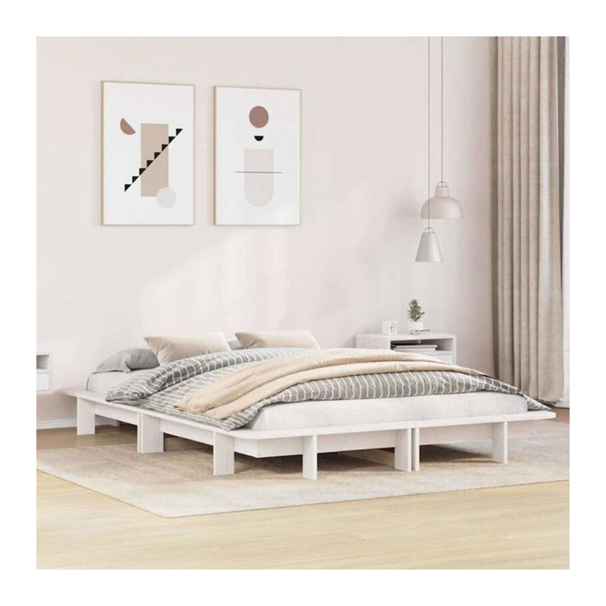 Massivholzbett aus Kiefer in Weiß von vidaxl, Modernes und Minimalistisches Bett ohne Matratze, B/T/H: 150 x 200 cm - Bild 1