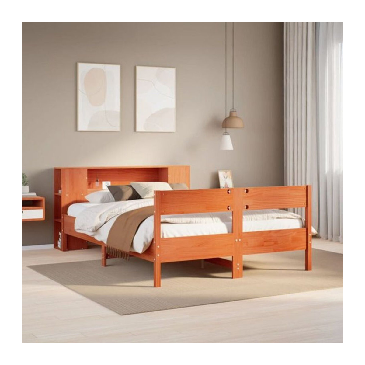 Massivholzbett aus Kiefer mit Regal von Vidaxl in Braun, B: 140 cm, L: 200 cm - Bild 1
