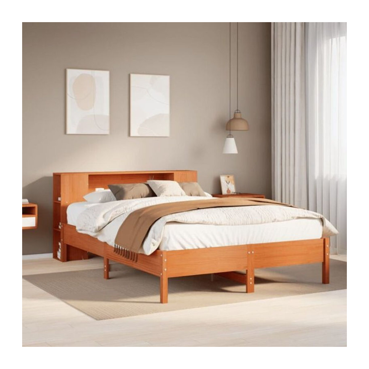 Massivholzbett aus Kiefer mit Regal von Vidaxl in Braun, B/T/H: 140 x 200 x 82 cm - Bild 1